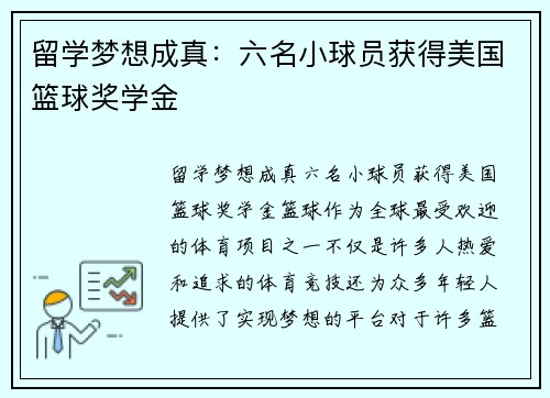 留学梦想成真：六名小球员获得美国篮球奖学金