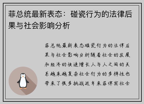 菲总统最新表态：碰瓷行为的法律后果与社会影响分析