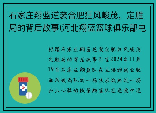 石家庄翔蓝逆袭合肥狂风峻茂，定胜局的背后故事(河北翔蓝篮球俱乐部电话)