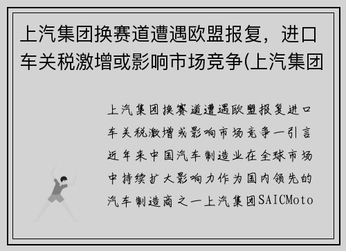 上汽集团换赛道遭遇欧盟报复，进口车关税激增或影响市场竞争(上汽集团海外投资)