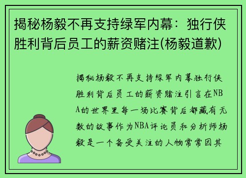 揭秘杨毅不再支持绿军内幕：独行侠胜利背后员工的薪资赌注(杨毅道歉)