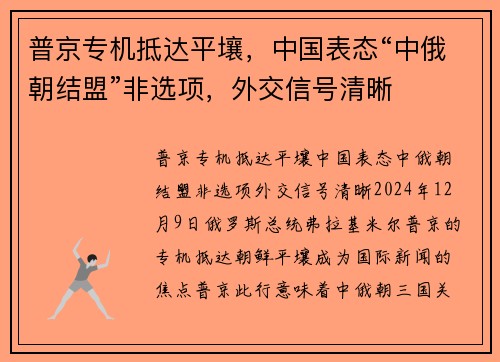 普京专机抵达平壤，中国表态“中俄朝结盟”非选项，外交信号清晰