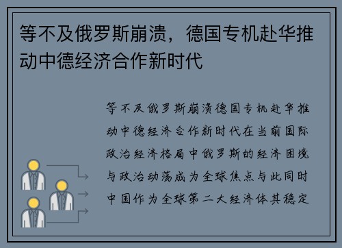 等不及俄罗斯崩溃，德国专机赴华推动中德经济合作新时代